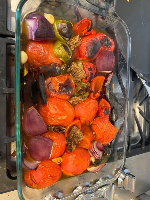 This is what the veggies should look like before they are blended. Before baking, make sure to push the dried chilis into the liquid a bit, so they rehydrate a little and don’t completely char. - Nish